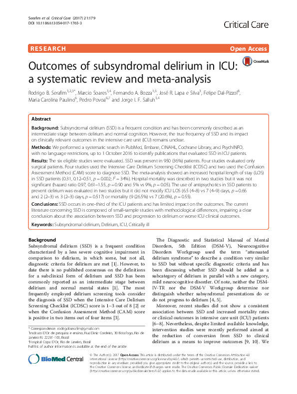 (PDF) Outcomes of subsyndromal delirium in ICU: a systematic review and ...