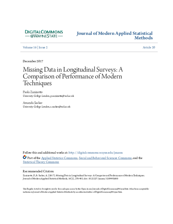 (PDF) Missing Data in Longitudinal Surveys: A Comparison of Performance ...