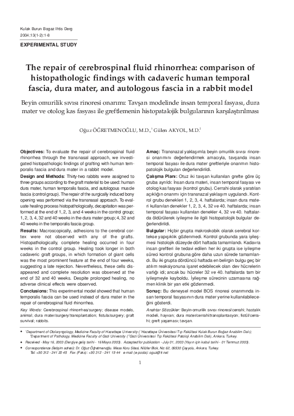 (PDF) The repair of cerebrospinal fluid rhinorrhea: comparison of ...