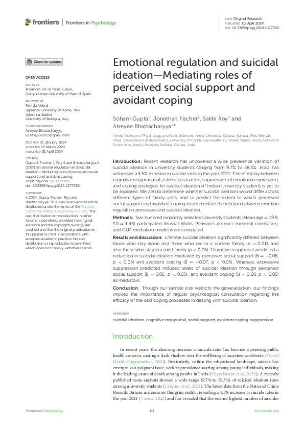 (PDF) Emotional regulation and suicidal ideation—Mediating roles of ...