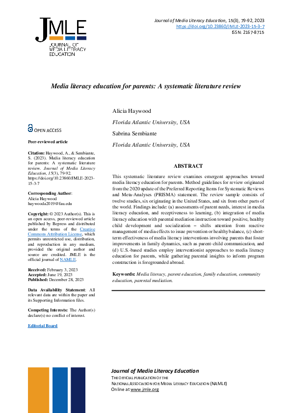 (PDF) Media literacy education for parents: A systematic literature review