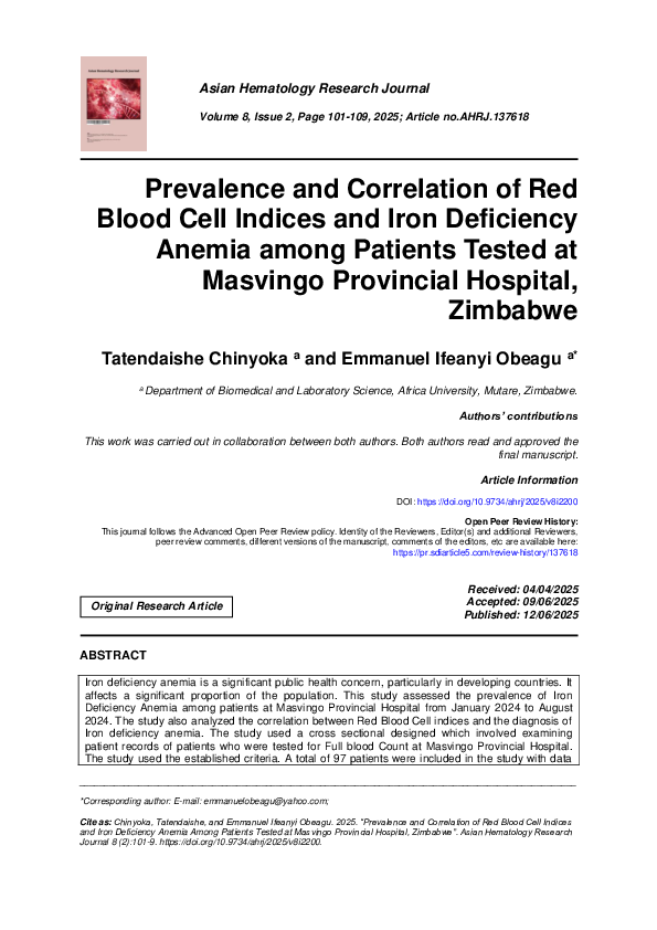 (PDF) Prevalence and Correlation of Red Blood Cell Indices and Iron ...