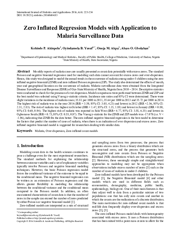 (PDF) Zero Inflated Regression Models with Application to Malaria ...