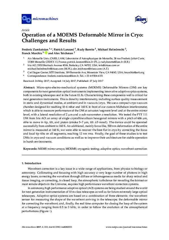 (PDF) Operation of a MOEMS Deformable Mirror in Cryo: Challenges and ...