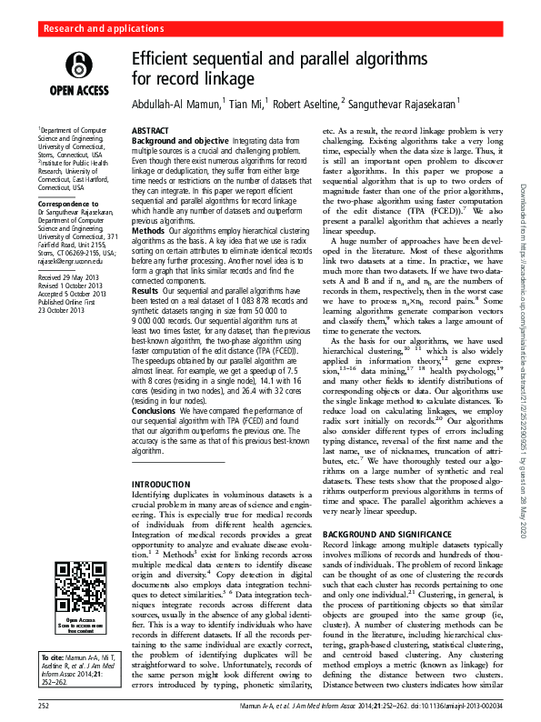 (PDF) Efficient sequential and parallel algorithms for record linkage