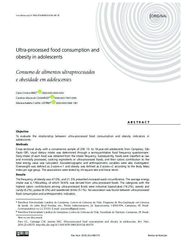 (PDF) Ultra-processed food consumption and obesity in adolescents