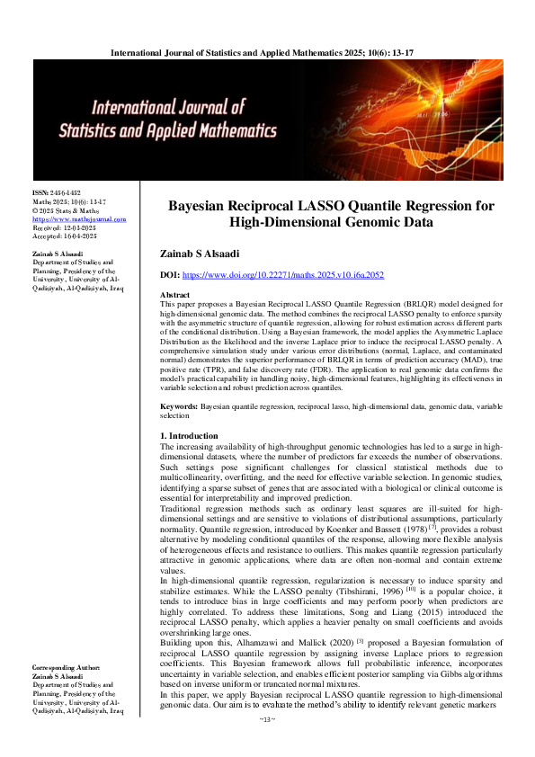 (PDF) Bayesian Reciprocal LASSO Quantile Regression for High ...