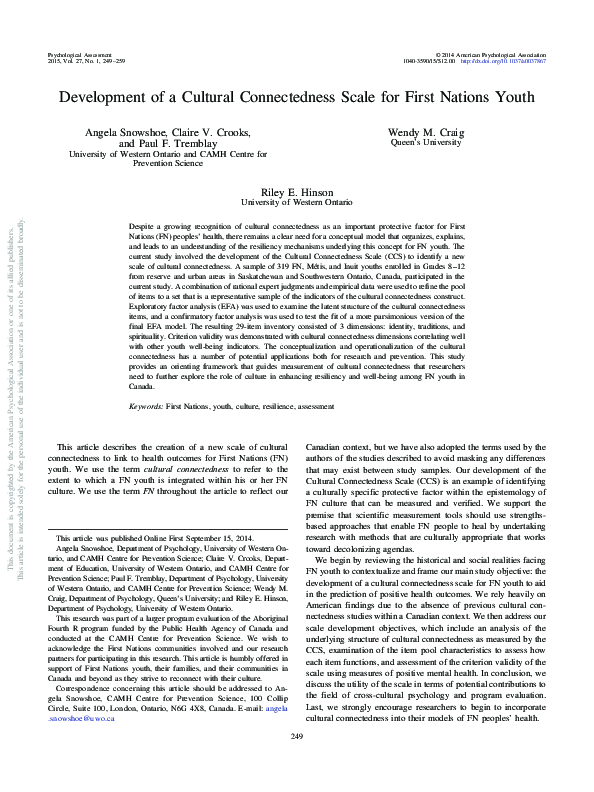 (PDF) Development of a Cultural Connectedness Scale for First Nations youth