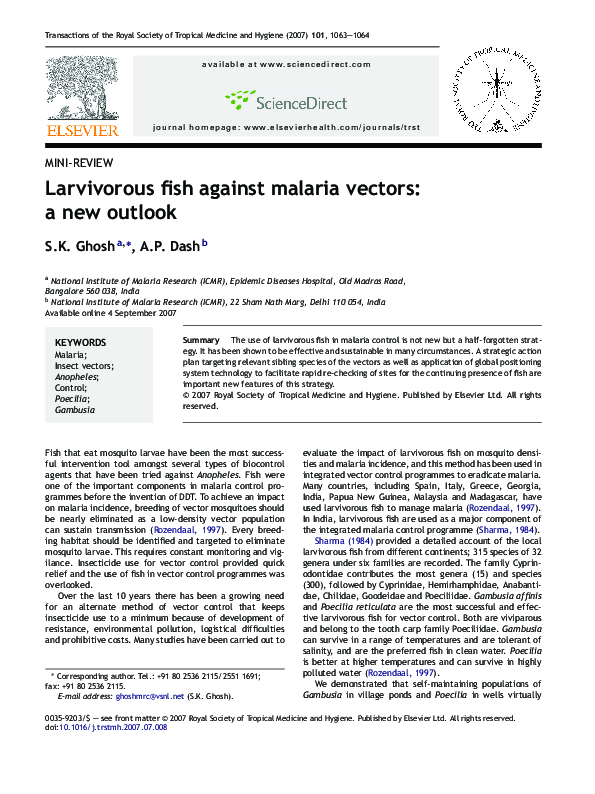 (PDF) Larvivorous fish against malaria vectors: a new outlook
