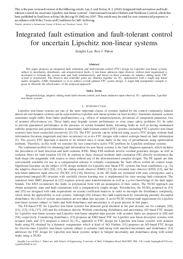 (PDF) Integrated fault estimation and fault-tolerant control for ...