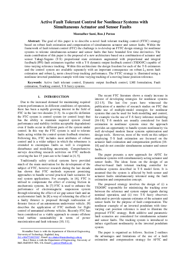 (PDF) Active fault tolerant control for nonlinear systems with ...