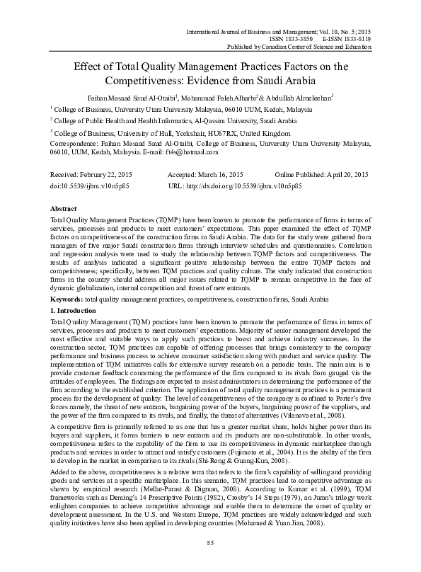 (PDF) Effect of Total Quality Management Practices Factors on the ...