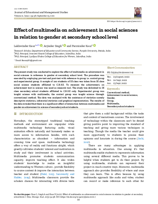 (PDF) Effect of multimedia on achievement in social sciences in ...