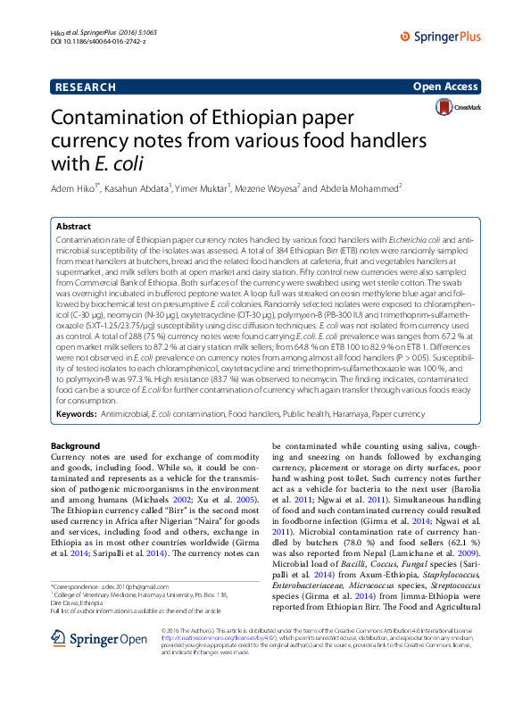 (PDF) Contamination of Ethiopian paper currency notes from various food ...
