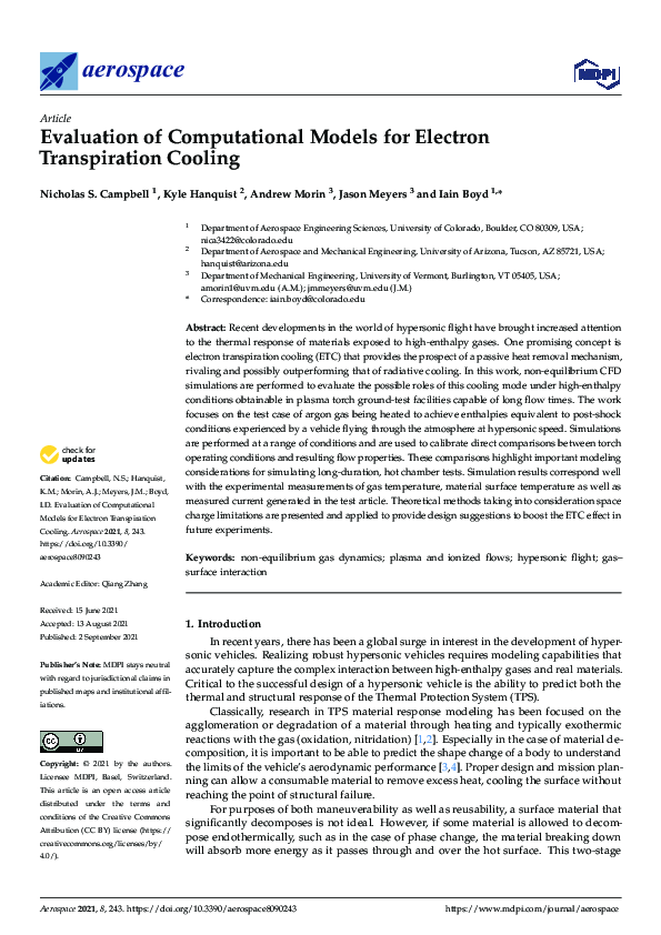 (PDF) Evaluation of Computational Models for Electron Transpiration Cooling