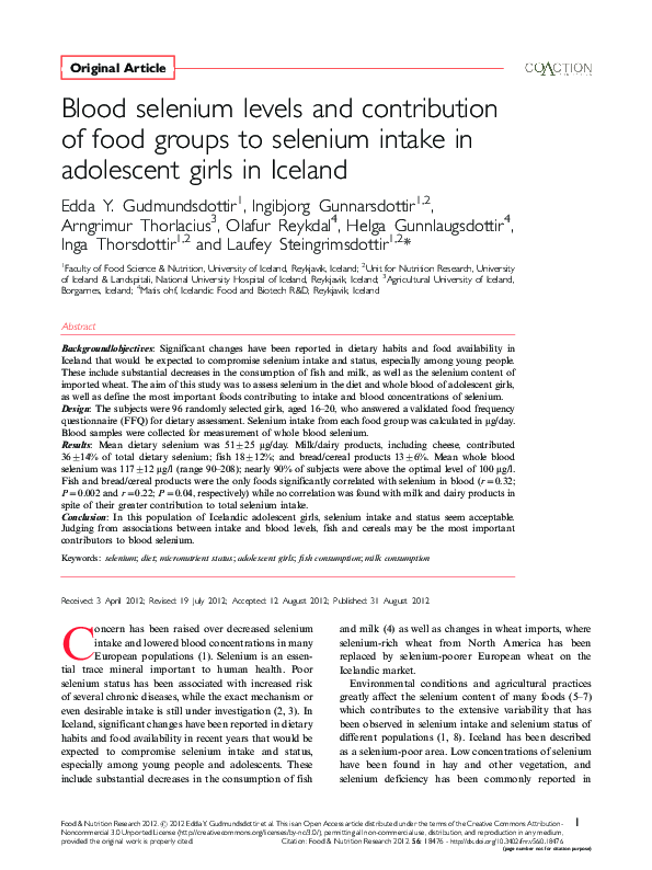 (PDF) Blood selenium levels and contribution of food groups to selenium ...