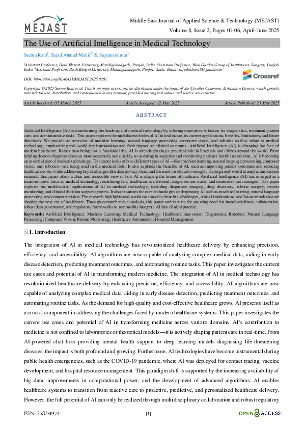 (PDF) The Use of Artificial Intelligence in Medical Technology