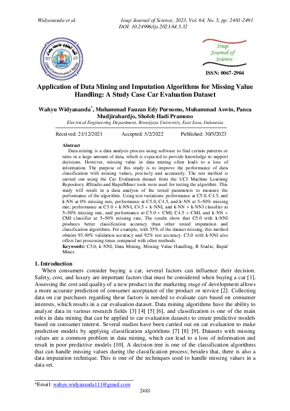 (PDF) Application of Data Mining and Imputation Algorithms for Missing ...