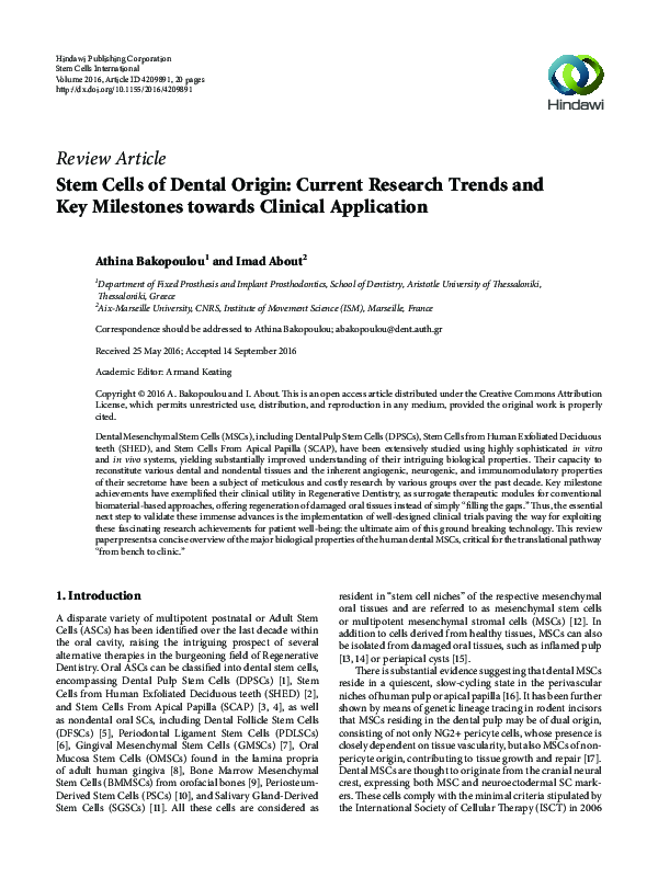 (PDF) Stem Cells of Dental Origin: Current Research Trends and Key ...