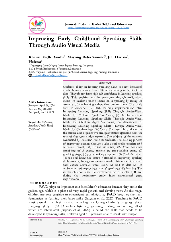 (PDF) Improving Early Childhood Speaking Skills Through Audio Visual Media
