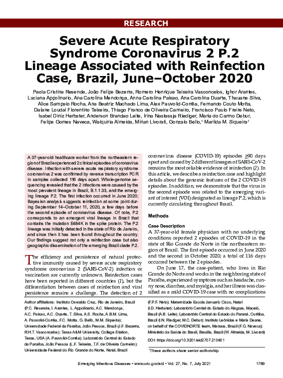 (PDF) Severe Acute Respiratory Syndrome Coronavirus 2 P.2 Lineage ...