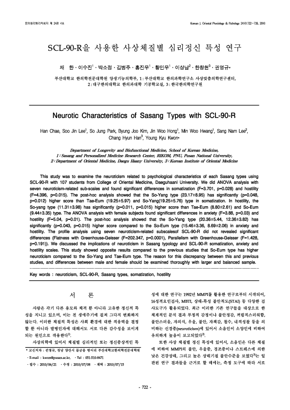 (PDF) Neurotic Characteristics of Sasang Types with SCL-90-R