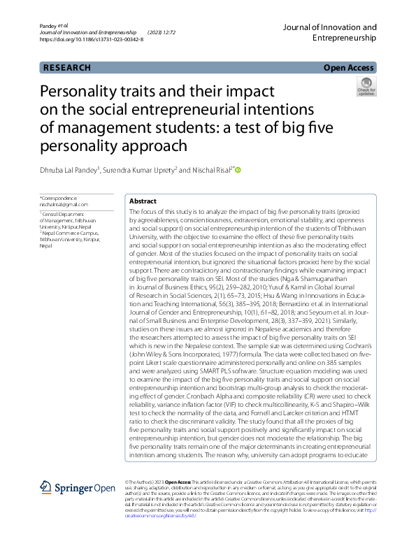 (PDF) Personality traits and their impact on the social entrepreneurial ...
