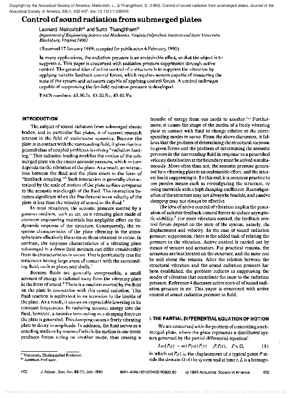 (PDF) Control of sound radiation from submerged plates