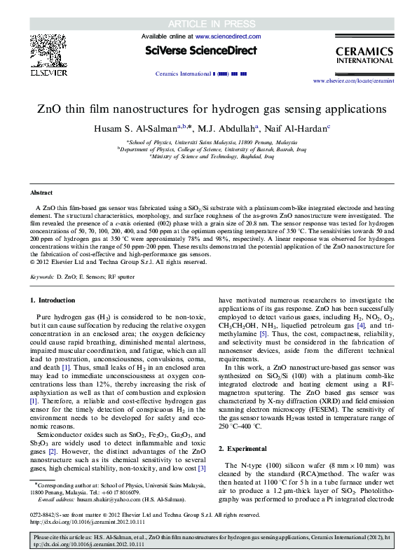 (PDF) ZnO thin film nanostructures for hydrogen gas sensing applications