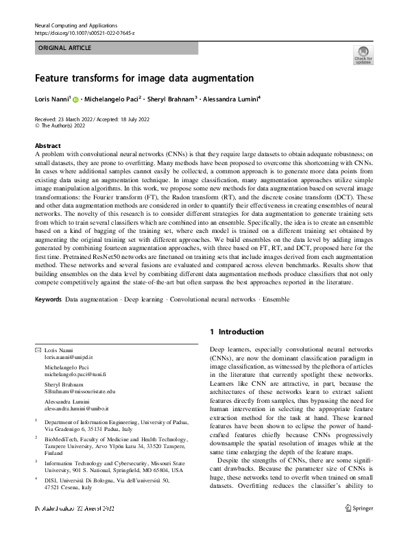 (PDF) Feature transforms for image data augmentation