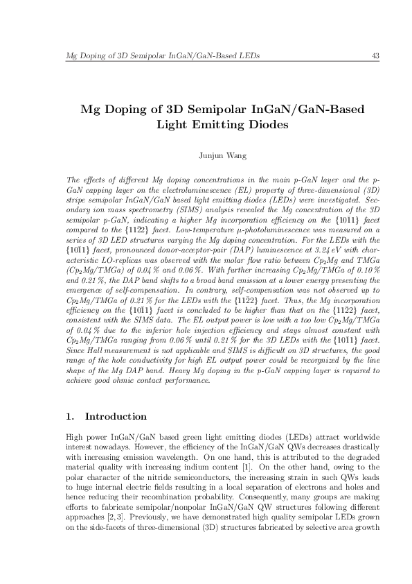 (PDF) Mg doping of 3D semipolar InGaN/GaN-based light emitting diodes
