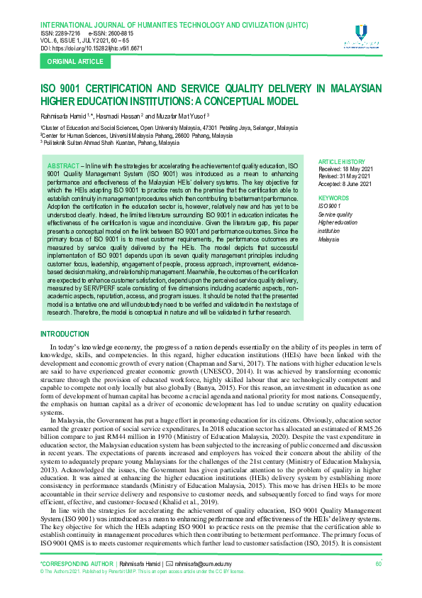 (PDF) Iso 9001 Certification and Service Quality Delivery in Malaysian ...