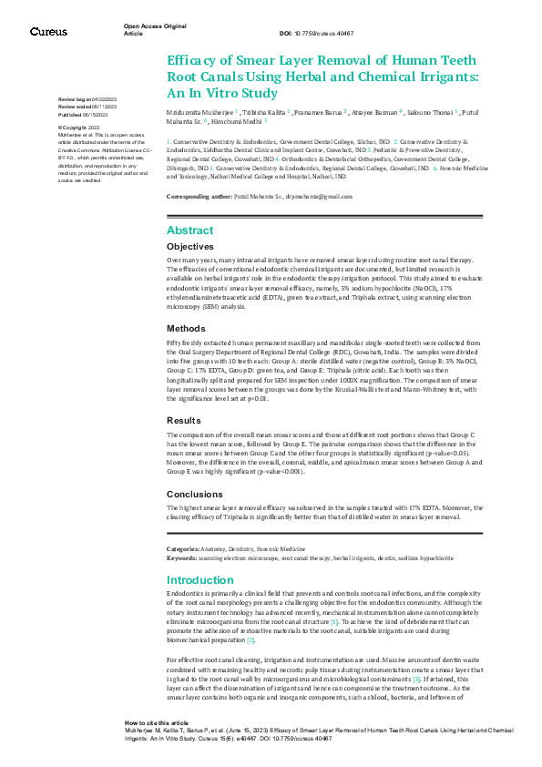 (PDF) Efficacy of Smear Layer Removal of Human Teeth Root Canals Using ...