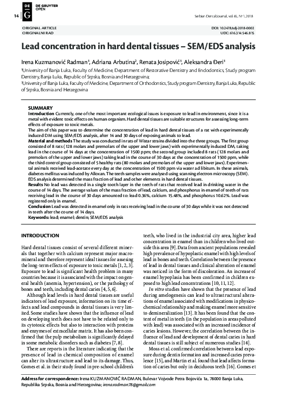 (PDF) Lead concentration in hard dental tissues – SEM/EDS analysis