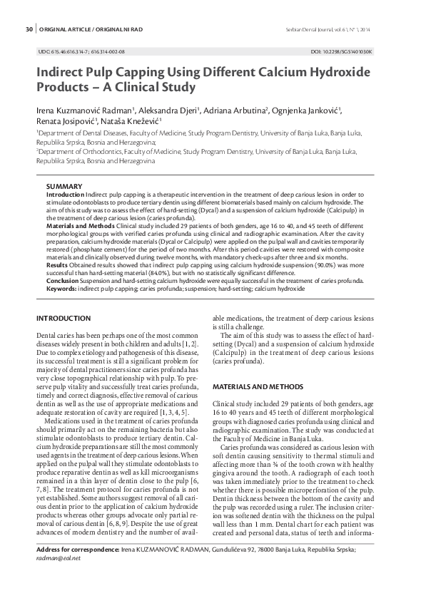 (PDF) Indirect pulp capping using different calcium hydroxide products ...