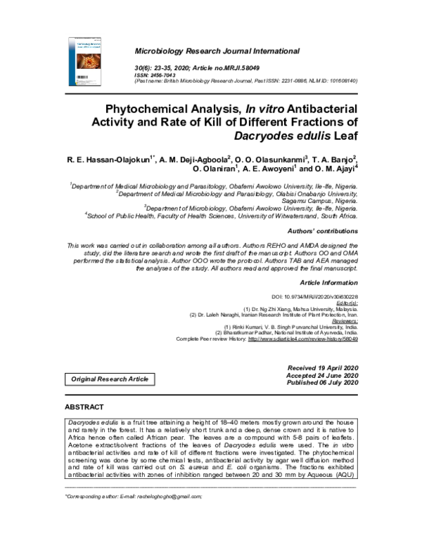 (PDF) Phytochemical Analysis, In vitro Antibacterial Activity and Rate ...