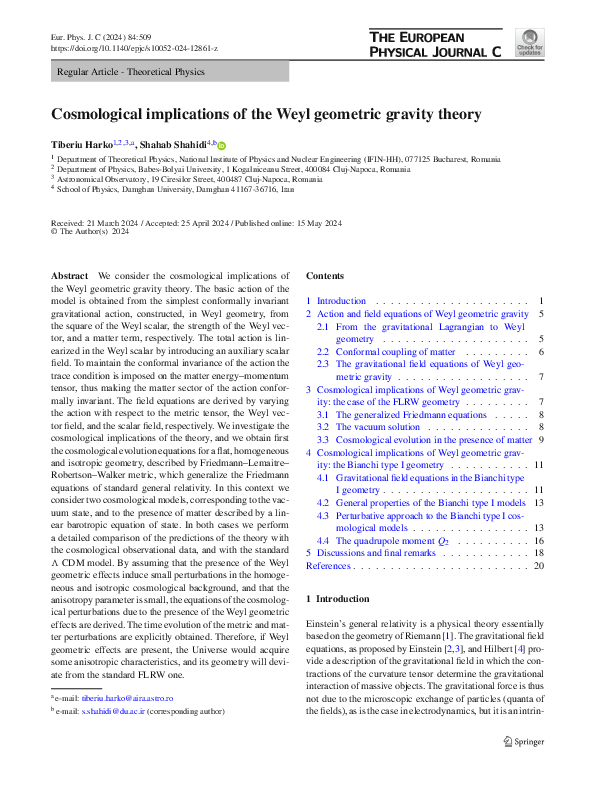 (PDF) Cosmological implications of the Weyl geometric gravity theory