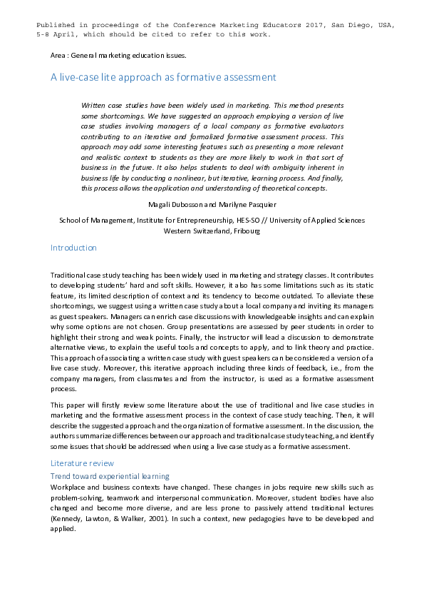 (PDF) A live-case lite approach as formative assessment