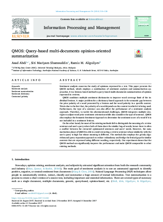 (PDF) QMOS: Query-based multi-documents opinion-oriented summarization