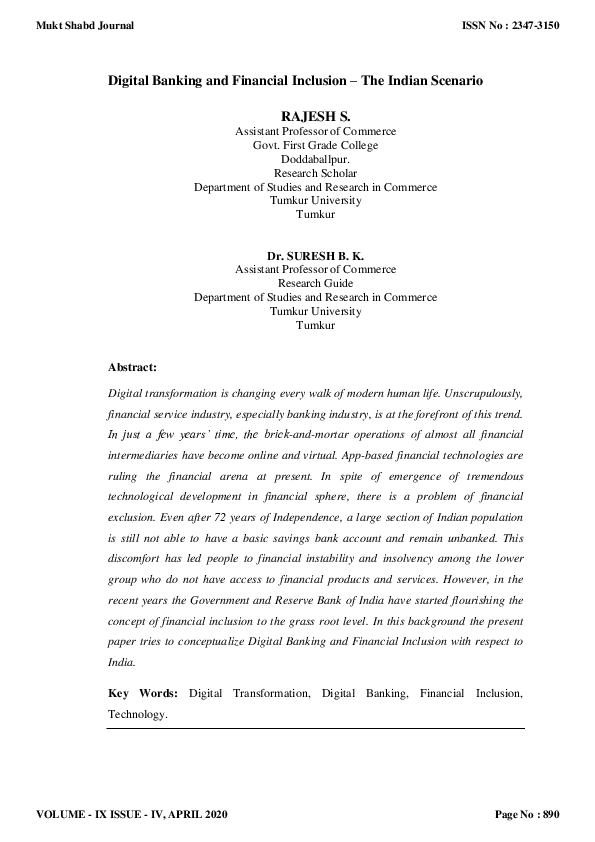 (PDF) Digital Banking and Financial Inclusion -The Indian Scenario