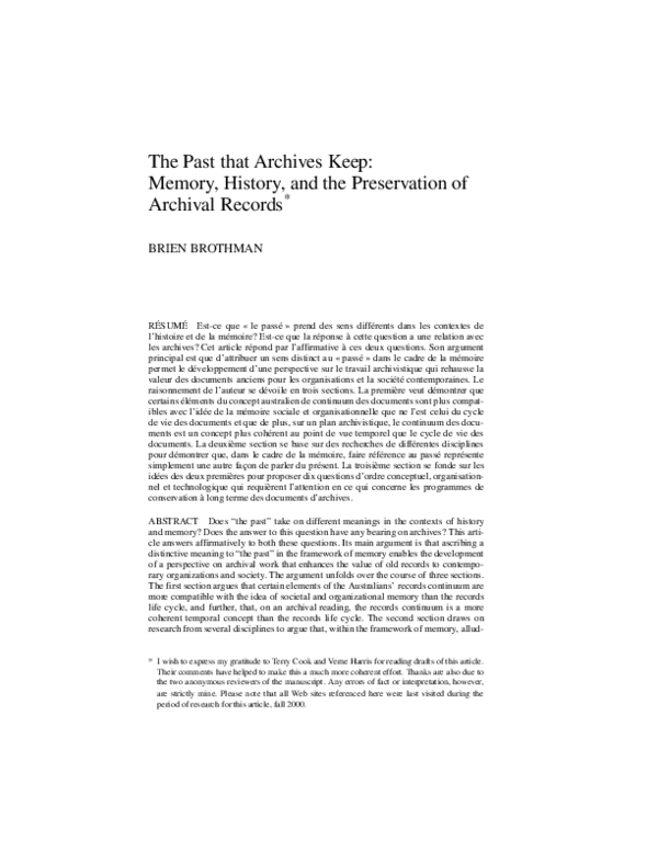 (PDF) The Past That Archives Keep: Memory, History, and the ...