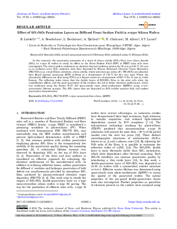 (PDF) Effect of SiNx/SiO2 Passivation Layers on Diffused Front Surface ...