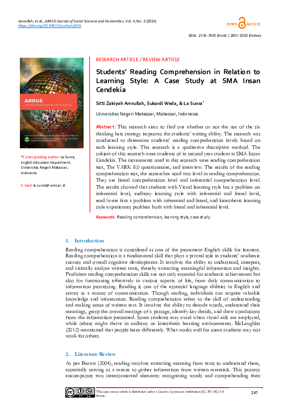 (PDF) Students' Reading Comprehension in Relation to Learning Style: A ...
