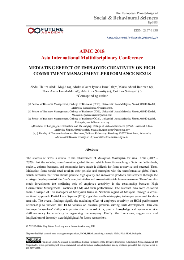 (PDF) Mediating Effect Of Employee Creativity On High Commitment ...