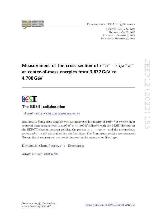 PDF) Measurement of the cross section of e+e− → ηπ+π− at center