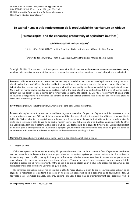 (PDF) Human capital and the enhancing productivity of agriculture in Africa