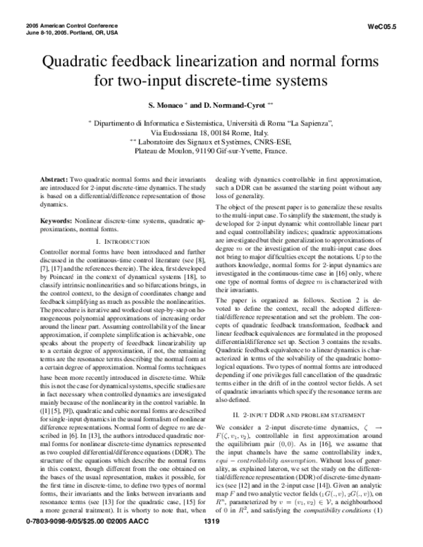 (PDF) Quadratic feedback linearization and normal forms for two-input ...