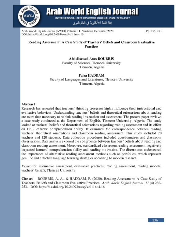 (PDF) Reading Assessment: A Case Study of Teachers’ Beliefs and ...