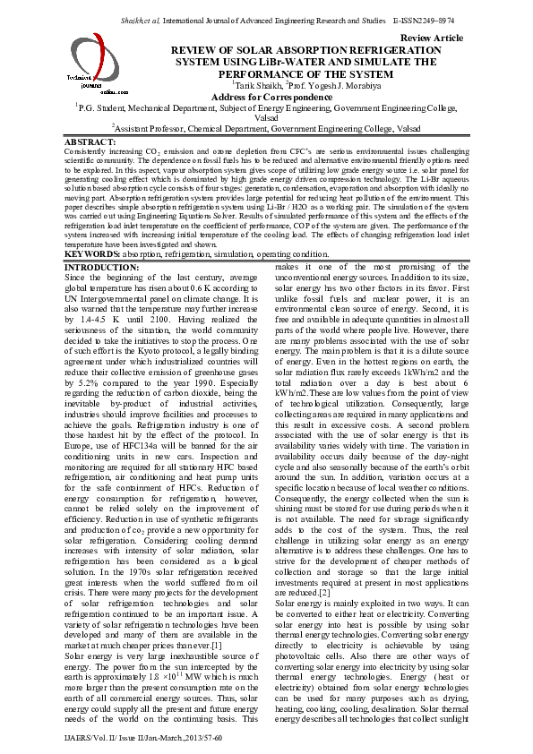 (PDF) OF SOLAR ABSORPTION REFRIGERATION SYSTEM USING LiBr-WATER AND ...