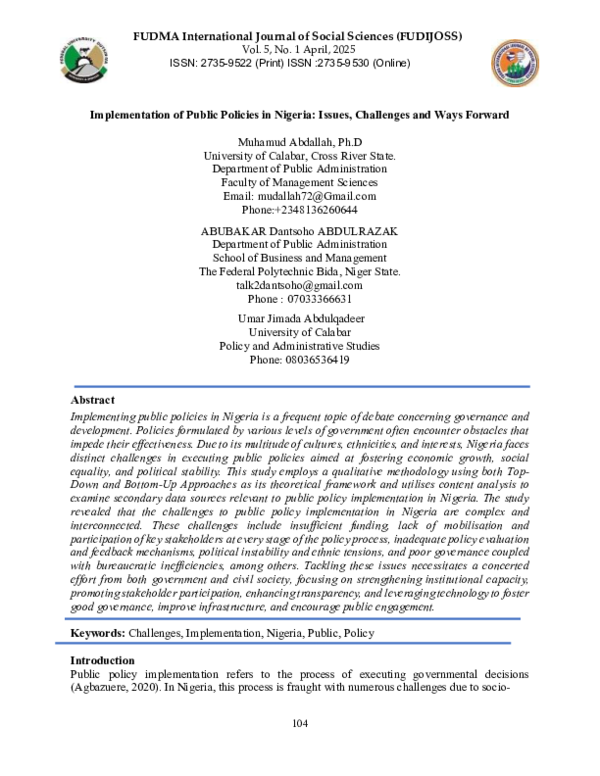 (PDF) Implementation of Public Policies in Nigeria: Issues, Challenges ...